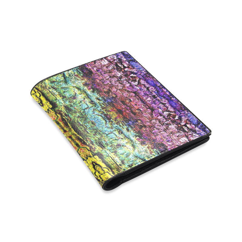 Abstract, Yellow Green, Purple, Tree Trunk Men's Leather Wallet (Model 1612)