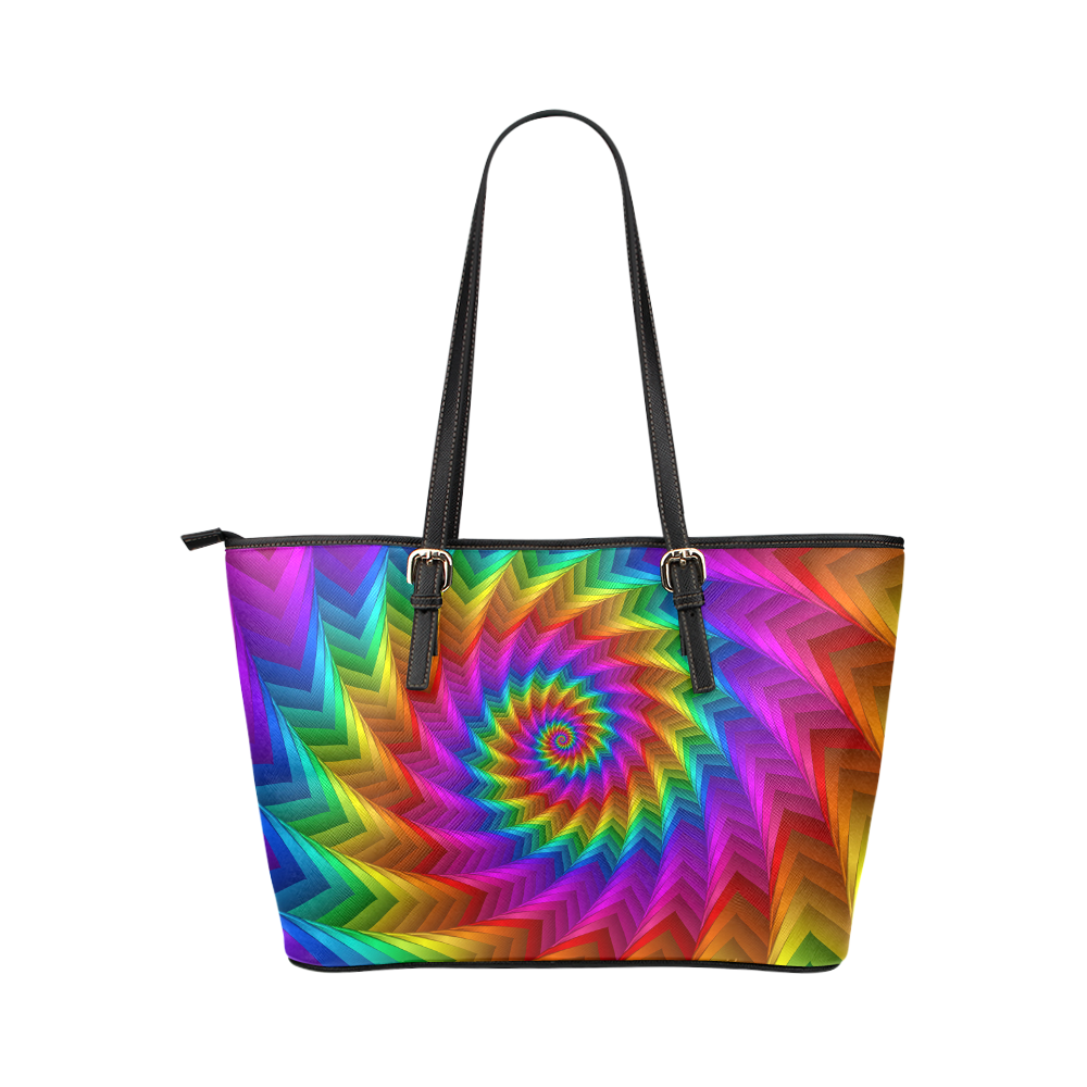 Psychedelic Rainbow Spiral Fractal Leather Tote Bag/Large (Model 1651)