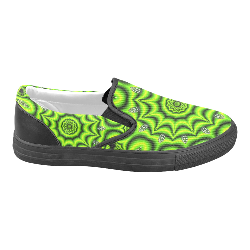 Spring Lime Green Garden Mandala, Abstract Spirals Women's Unusual Slip-on Canvas Shoes (Model 019)