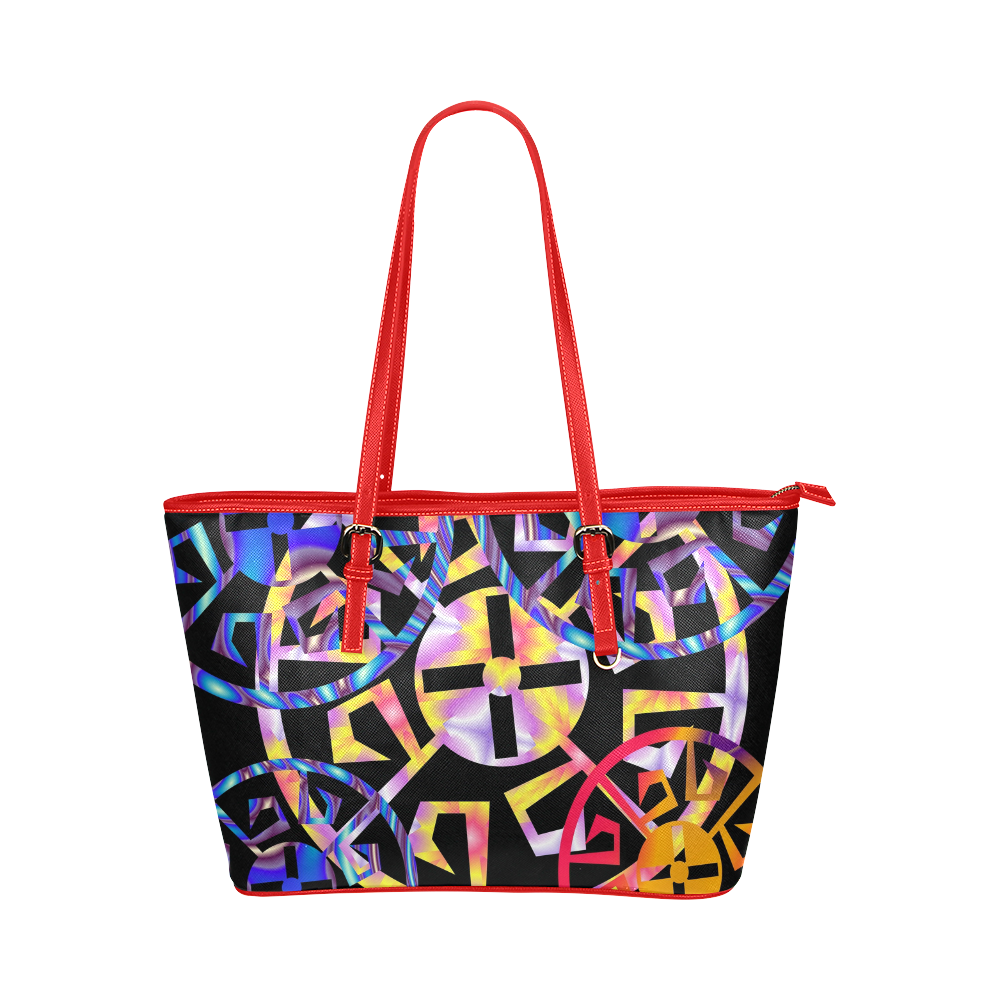 Rainbow Multicolored Aztec Wheels Leather Tote Bag/Large (Model 1651)