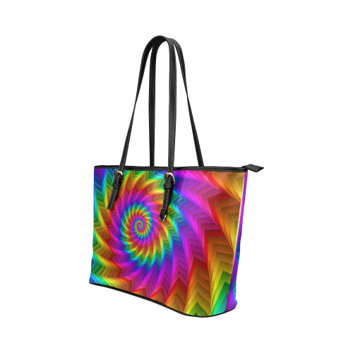 Psychedelic Rainbow Spiral Fractal Leather Tote Bag/Large (Model 1651)