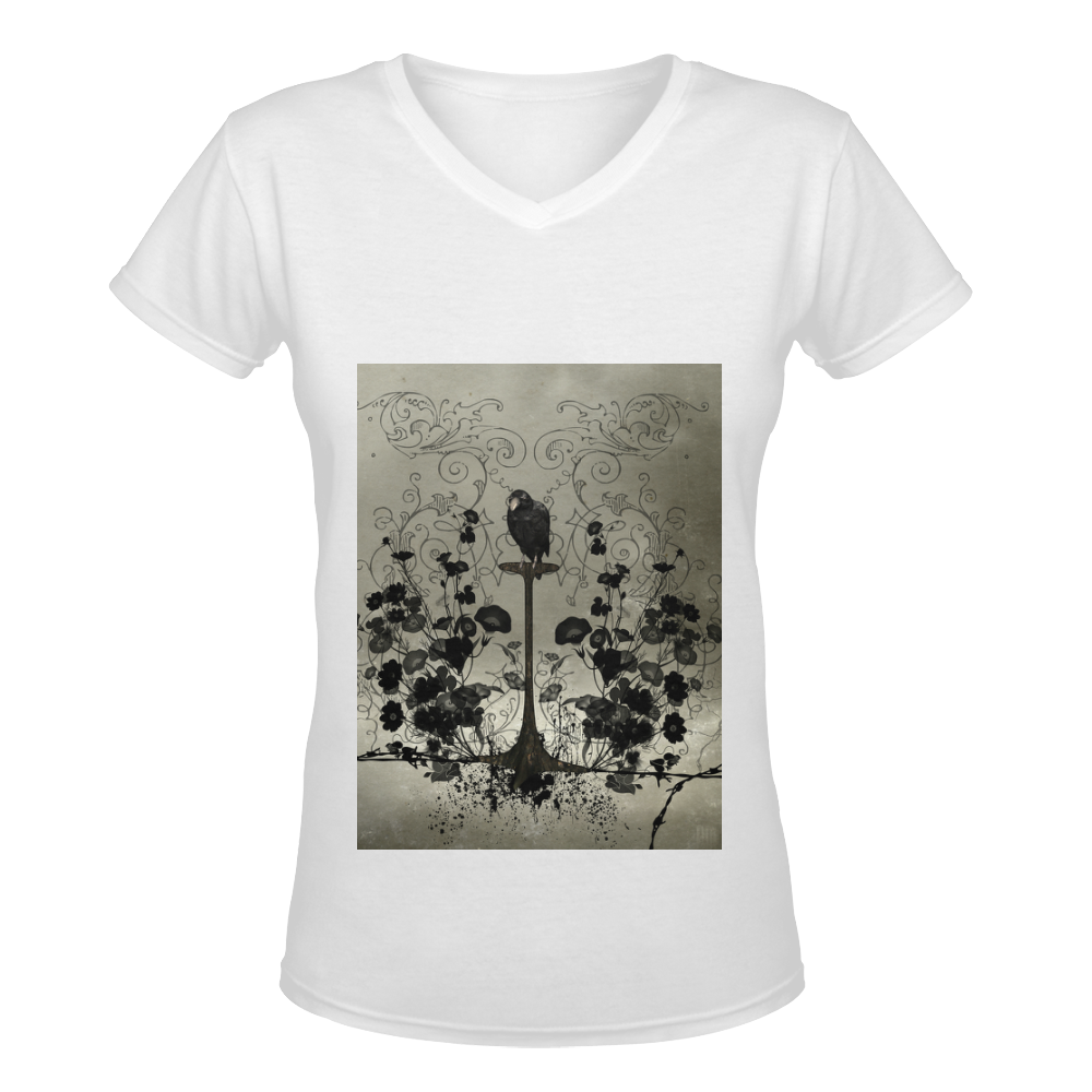 Crow with flowers on vintage background Women's Deep V-neck T-shirt (Model T19)