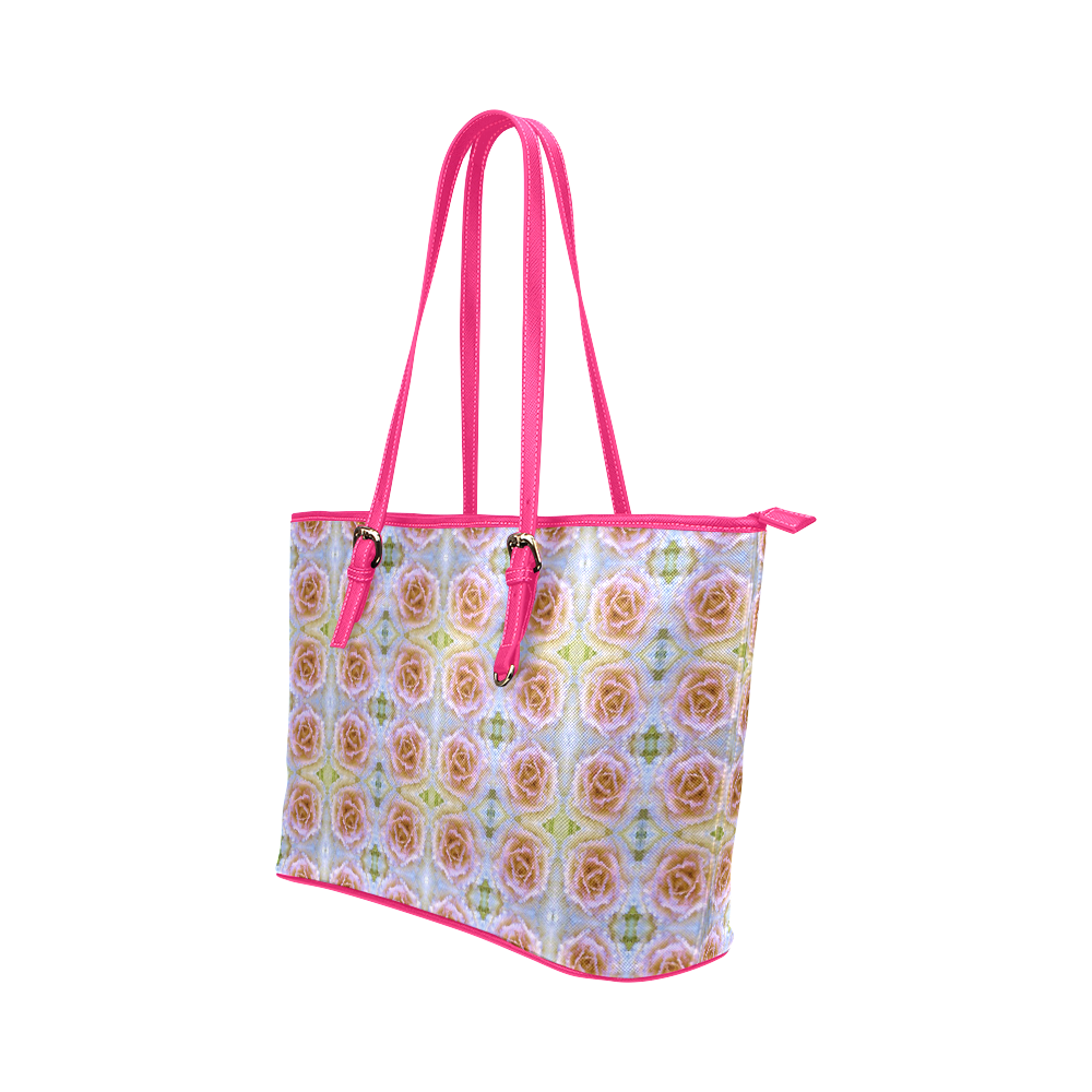 Pink Light Blue Pastel Flowers Leather Tote Bag/Small (Model 1651)