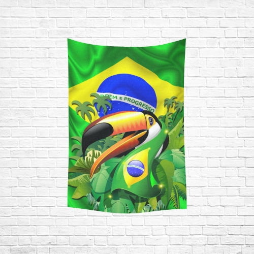 Brazil Flag with Toco Toucan Cotton Linen Wall Tapestry 40"x 60"