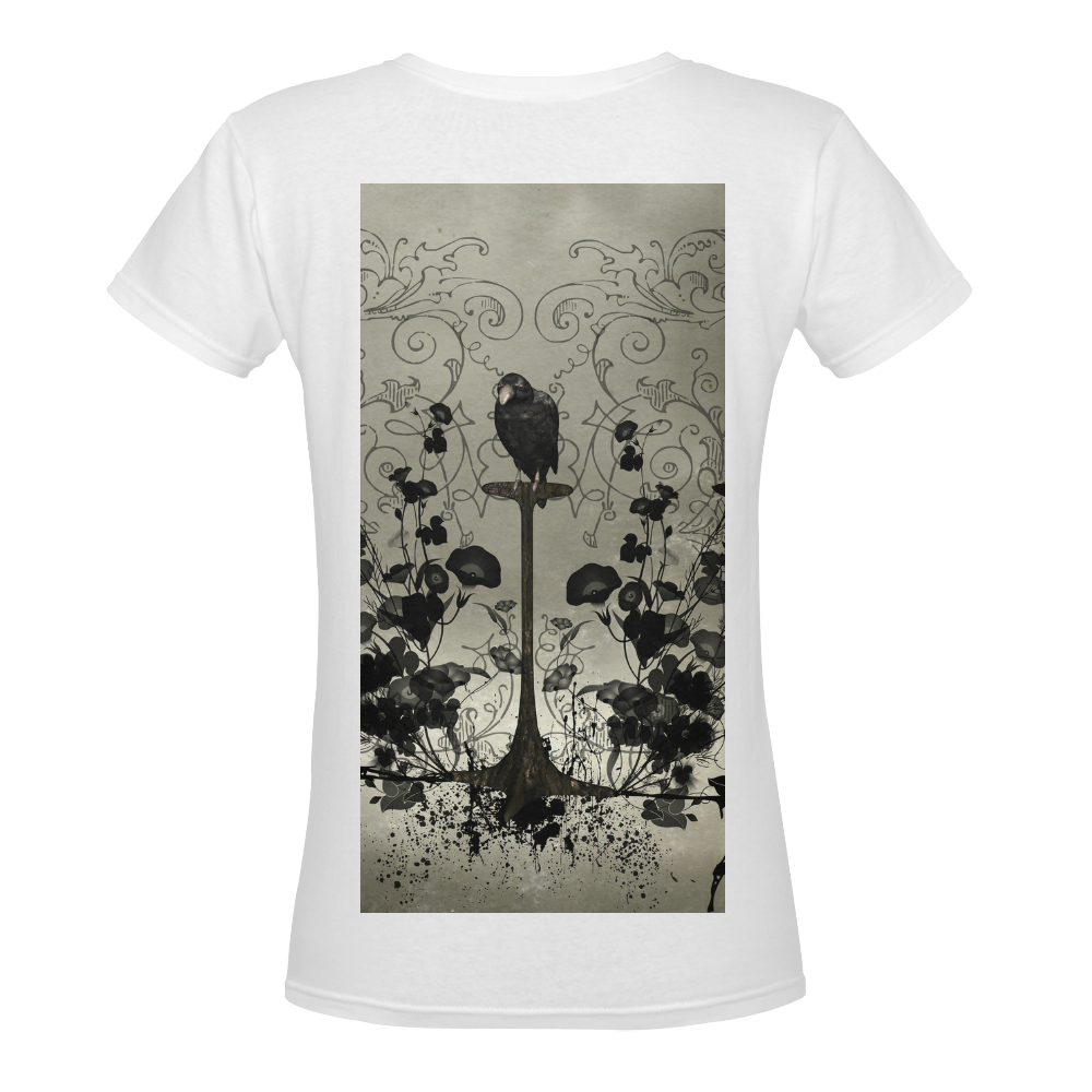 Crow with flowers on vintage background Women's Deep V-neck T-shirt (Model T19)