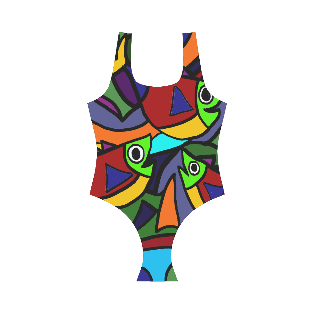 Cool Funky Fish Abstract Art Vest One Piece Swimsuit (Model S04)