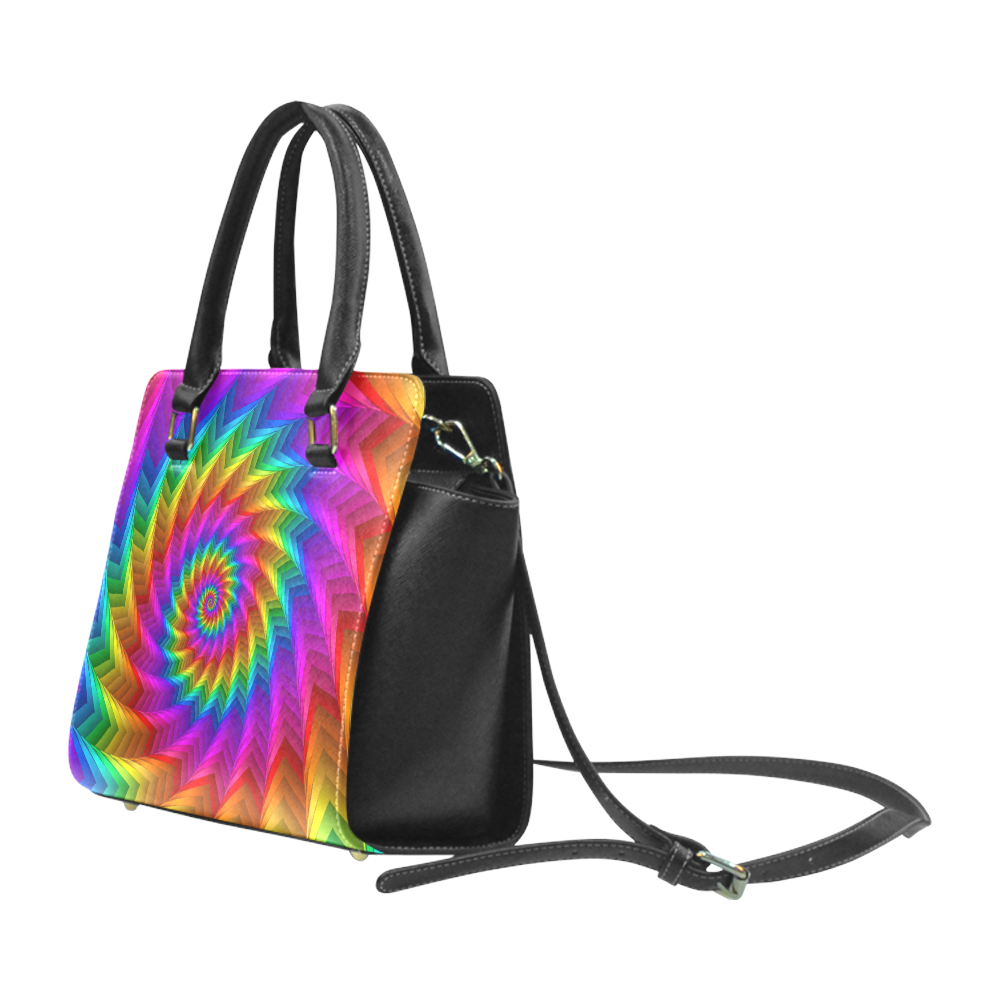 Psychedelic Rainbow Spiral Fractal Rivet Shoulder Handbag (Model 1645)