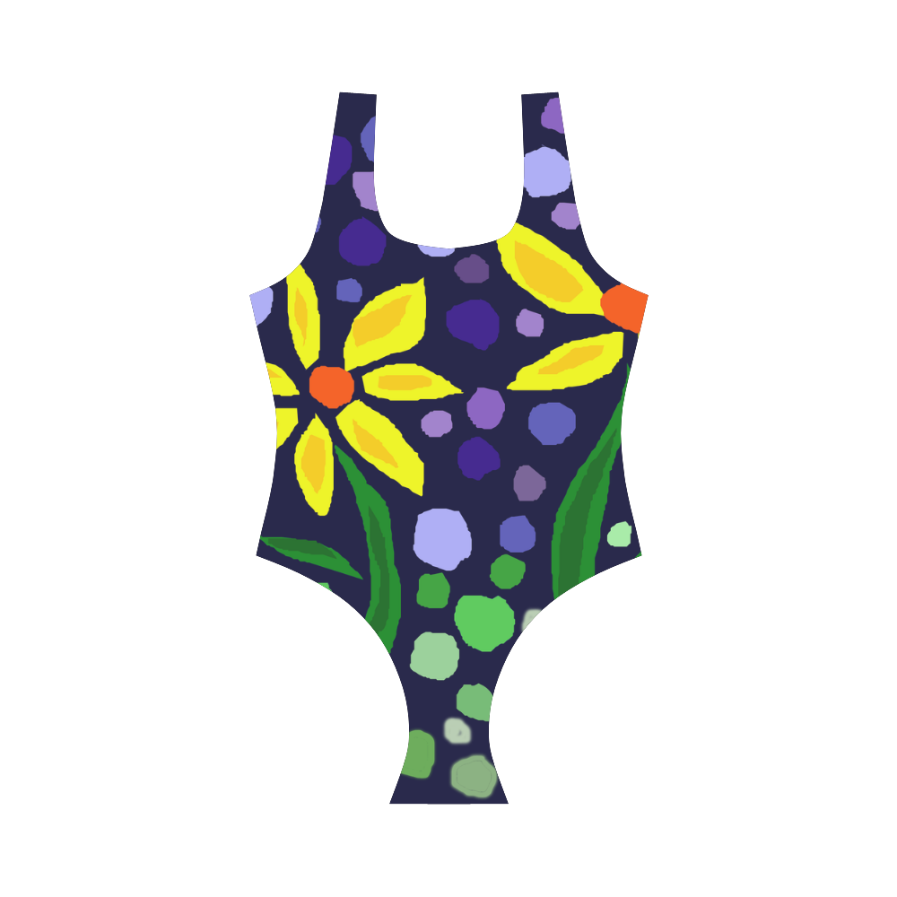 Cheerful Yellow daisy Floral Abstract Art Vest One Piece Swimsuit (Model S04)