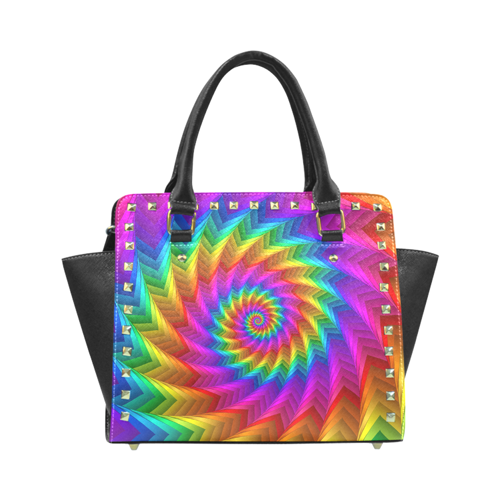 Psychedelic Rainbow Spiral Fractal Rivet Shoulder Handbag (Model 1645)