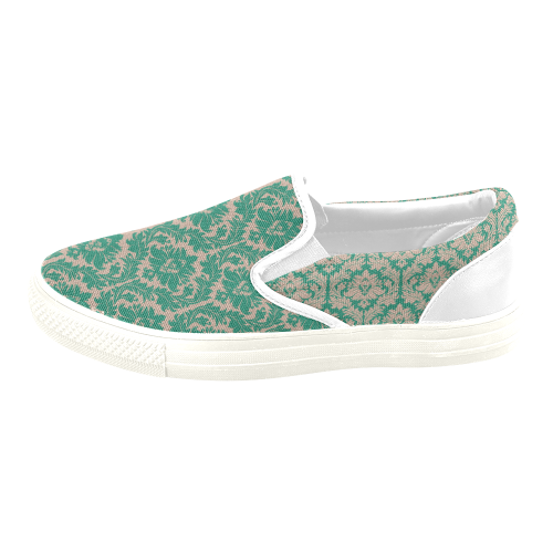 autumn fall colors green beige damask Women's Unusual Slip-on Canvas Shoes (Model 019)