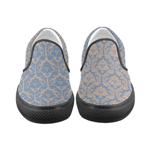 autumn fall colors beige blue damask Women's Unusual Slip-on Canvas Shoes (Model 019)