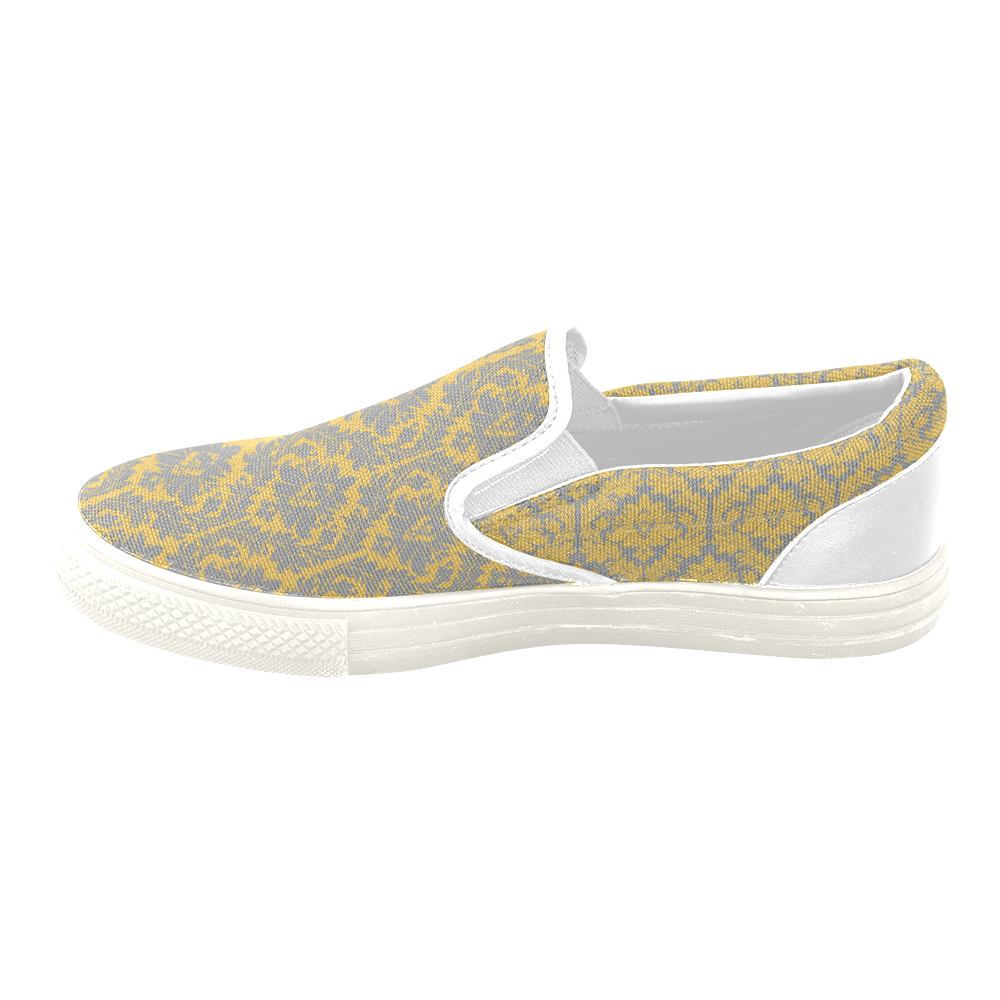 autumn fall mustard yellow grey damask Women's Unusual Slip-on Canvas Shoes (Model 019)