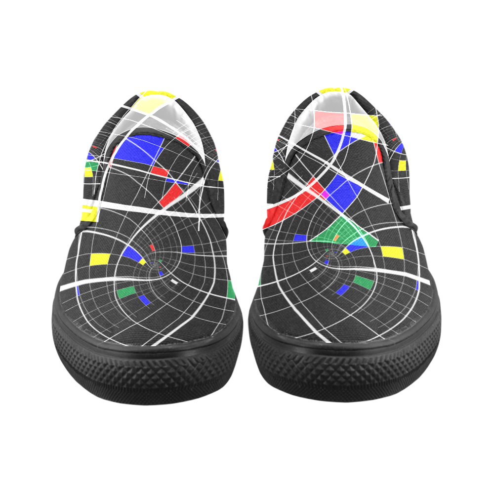 Swirl Grid with Colors Red Blue Green Yellow White Women's Unusual Slip-on Canvas Shoes (Model 019)