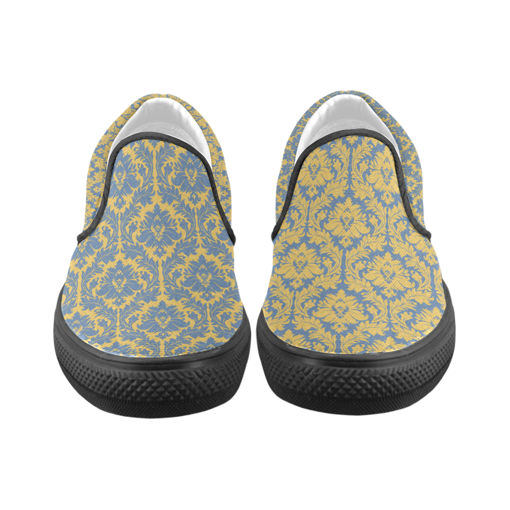 autumn fall colors yellow blue damask Women's Unusual Slip-on Canvas Shoes (Model 019)