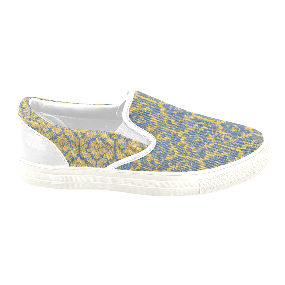 autumn fall colors yellow blue damask Women's Unusual Slip-on Canvas Shoes (Model 019)