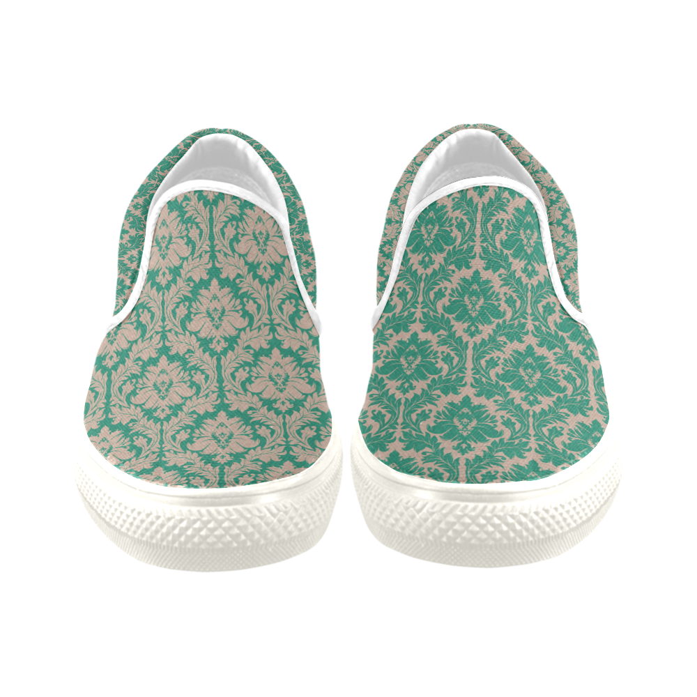 autumn fall colors green beige damask Women's Unusual Slip-on Canvas Shoes (Model 019)