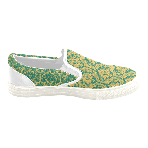 autumn fall green mustard yellow damask Women's Unusual Slip-on Canvas Shoes (Model 019)