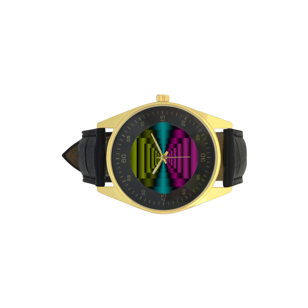 Colorful Autumn Dark Green Lilac Mint Men's Golden Leather Strap Watch(Model 210)