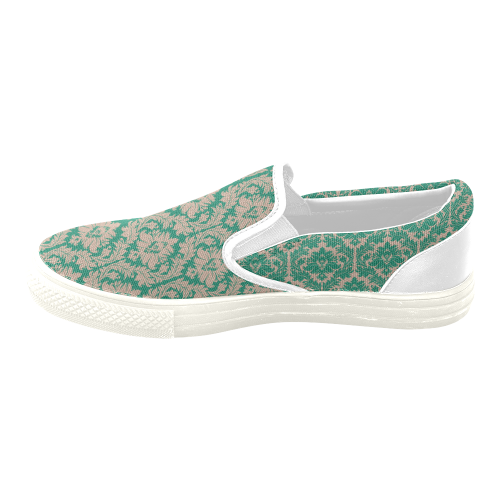 autumn fall colors green beige damask Women's Unusual Slip-on Canvas Shoes (Model 019)