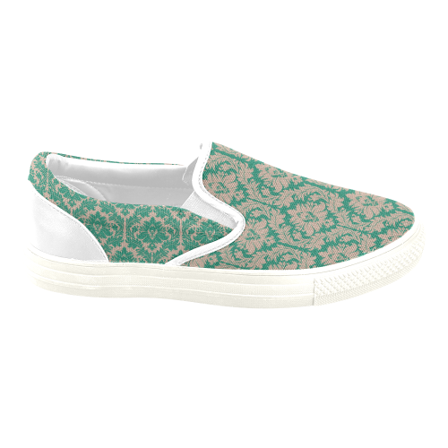 autumn fall colors green beige damask Women's Unusual Slip-on Canvas Shoes (Model 019)