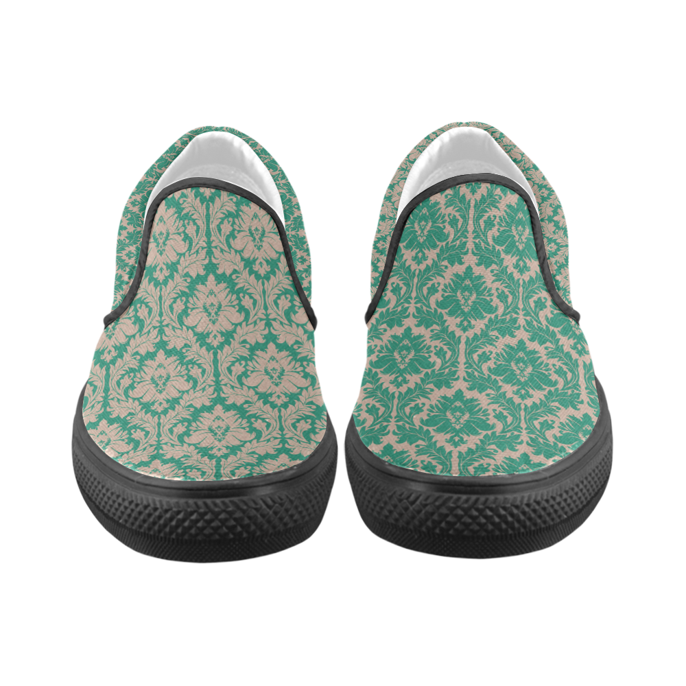 autumn fall colors green beige damask Women's Unusual Slip-on Canvas Shoes (Model 019)