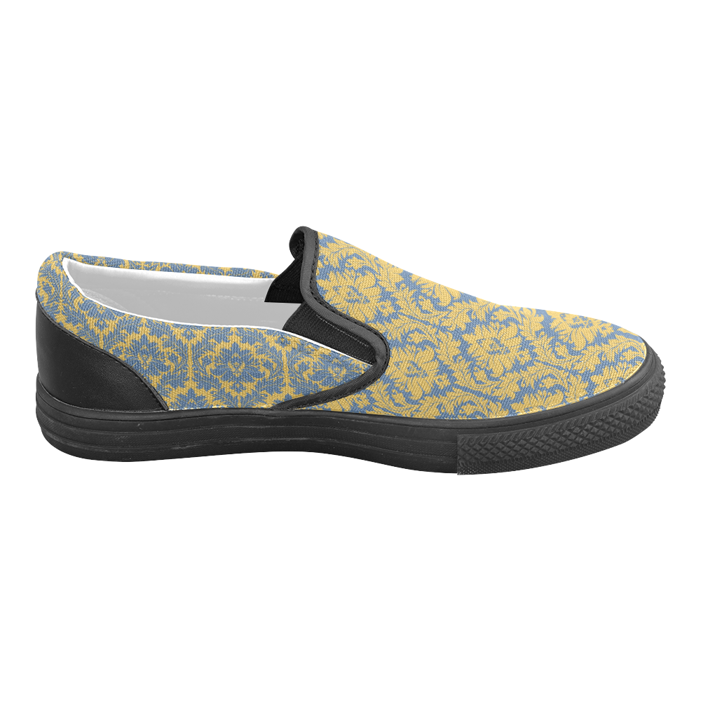 autumn fall colors yellow blue damask Women's Unusual Slip-on Canvas Shoes (Model 019)