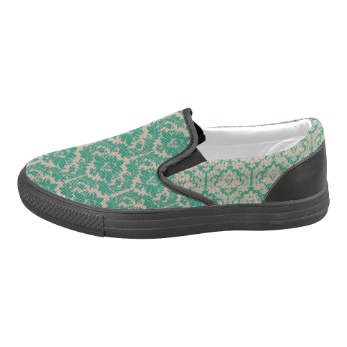 autumn fall colors green beige damask Women's Unusual Slip-on Canvas Shoes (Model 019)