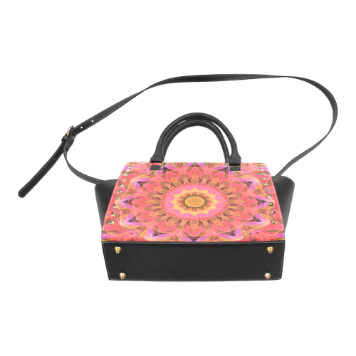 Abstract Peach Violet Mandala Ribbon Candy Lace Rivet Shoulder Handbag (Model 1645)