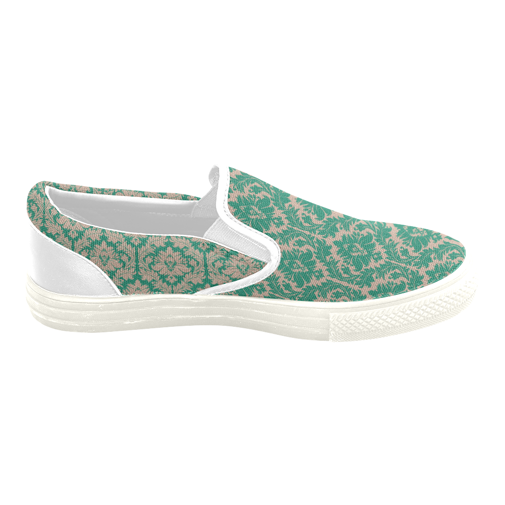 autumn fall colors green beige damask Women's Unusual Slip-on Canvas Shoes (Model 019)