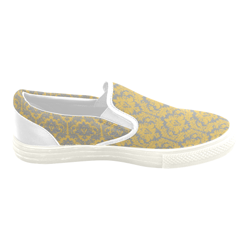 autumn fall mustard yellow grey damask Women's Unusual Slip-on Canvas Shoes (Model 019)