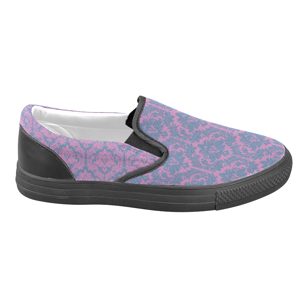 autumn fall colors pink blue damask pattern Women's Unusual Slip-on Canvas Shoes (Model 019)