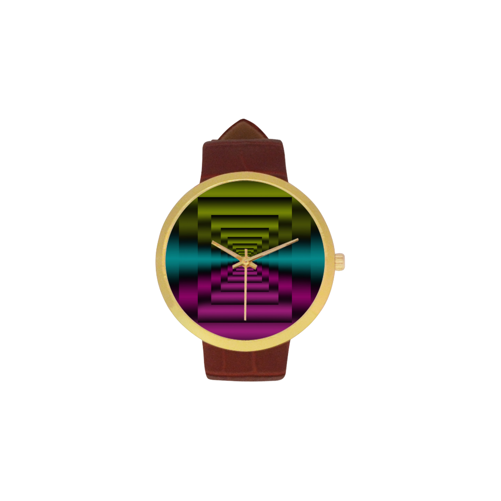 Colorful Autumn Dark Green Lilac Mint Women's Golden Leather Strap Watch(Model 212)
