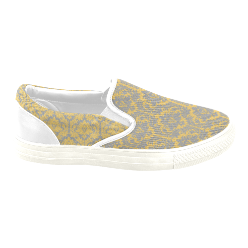 autumn fall mustard yellow grey damask Women's Unusual Slip-on Canvas Shoes (Model 019)