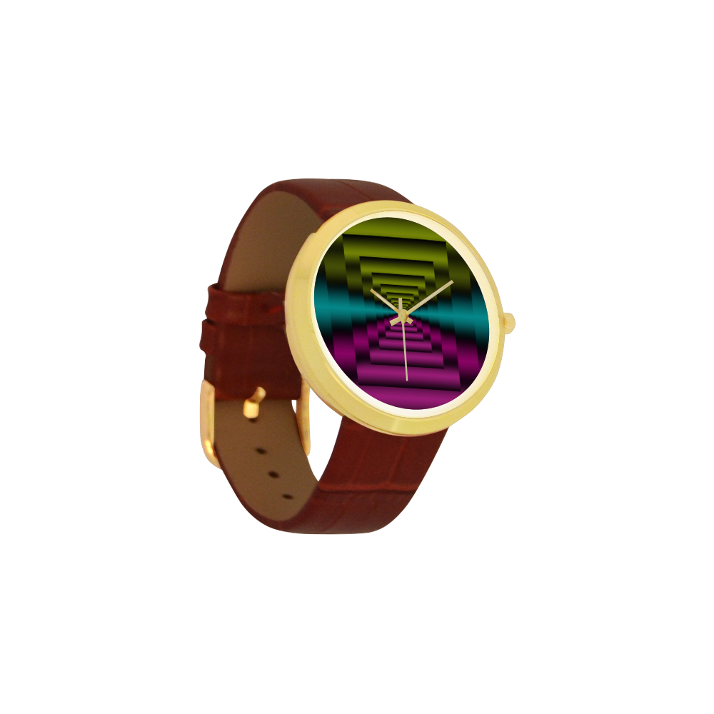 Colorful Autumn Dark Green Lilac Mint Women's Golden Leather Strap Watch(Model 212)