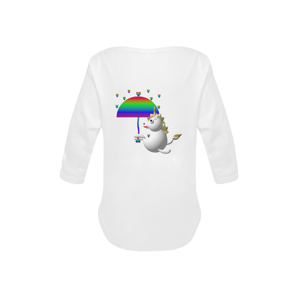 Cute Critters With Heart: Unicorn and Umbrella - White Baby Powder Organic Long Sleeve One Piece (Model T27)