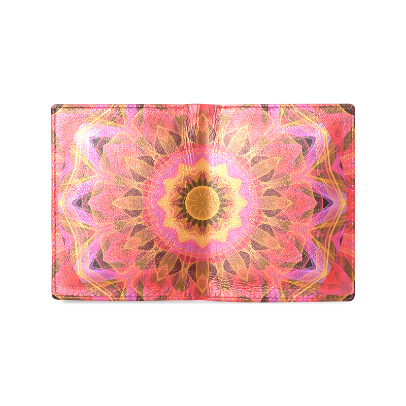 Abstract Peach Violet Mandala Ribbon Candy Lace Men's Leather Wallet (Model 1612)