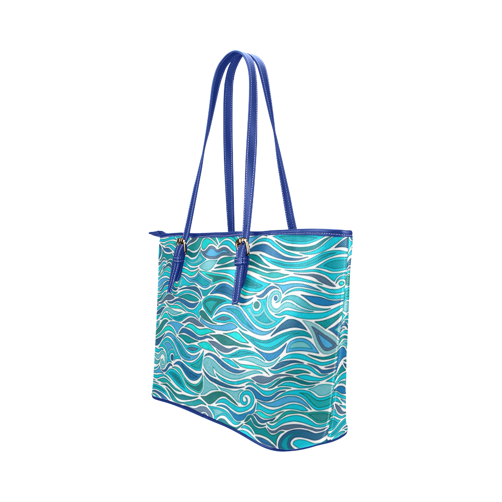 Ocean Waves Blue Abstract Doodle by ArtformDesigns Leather Tote Bag/Large (Model 1651)