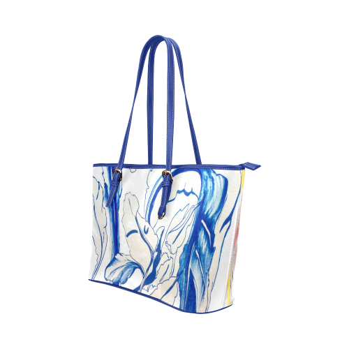 Blue Succulent White Leather Tote Bag/Small (Model 1651)