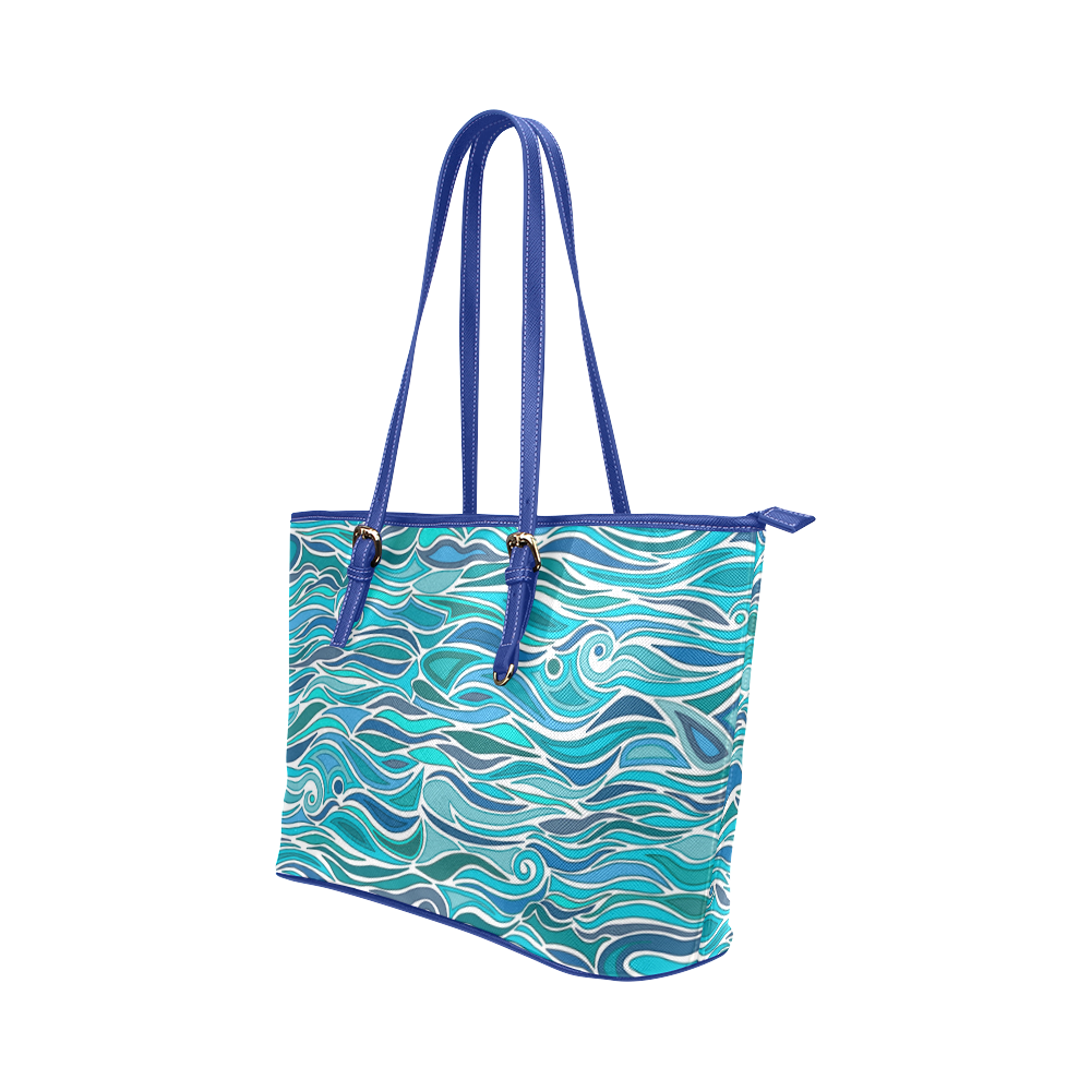Ocean Waves Blue Abstract Doodle by ArtformDesigns Leather Tote Bag/Large (Model 1651)