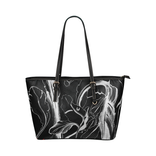 Blue Succulent White on Black Leather Tote Bag/Small (Model 1651)