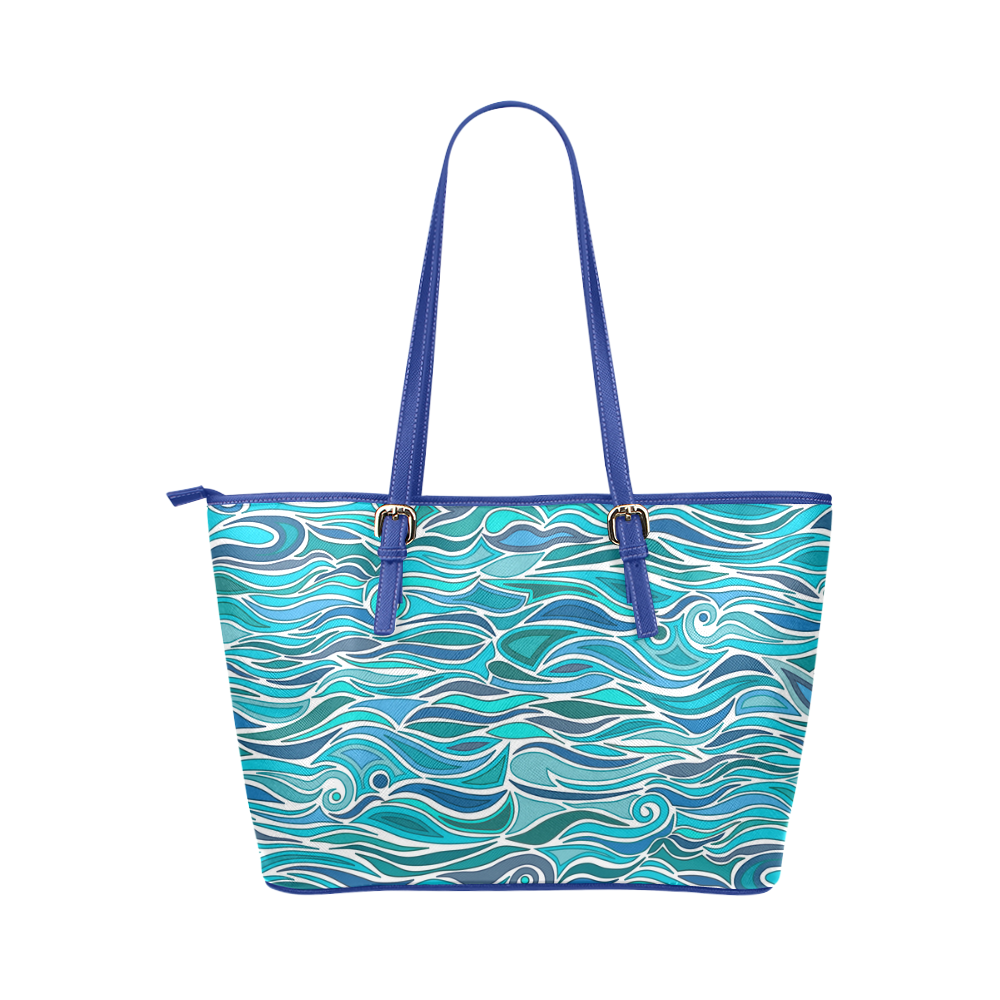 Ocean Waves Blue Abstract Doodle by ArtformDesigns Leather Tote Bag/Small (Model 1651)