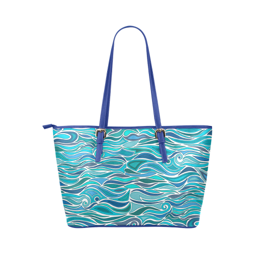 Ocean Waves Blue Abstract Doodle by ArtformDesigns Leather Tote Bag/Small (Model 1651)