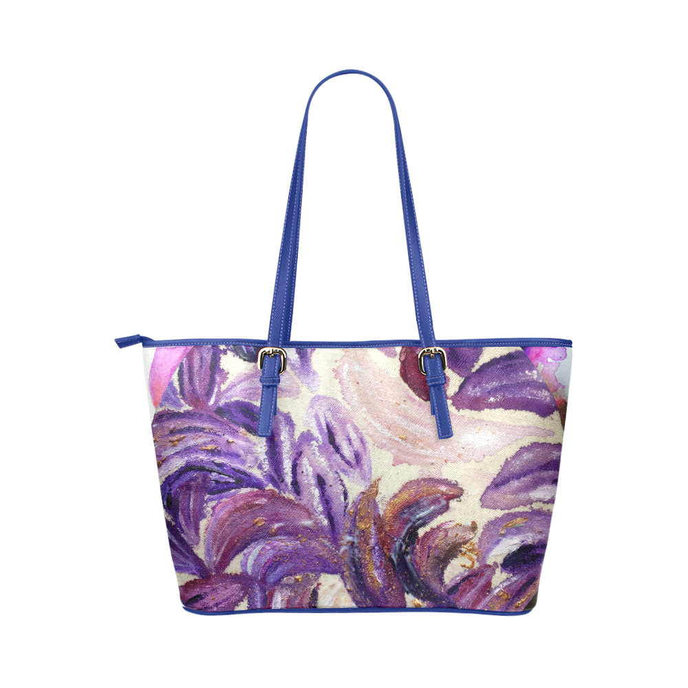 Purple Leaves with Gold Flakes Leather Tote Bag/Small (Model 1651)