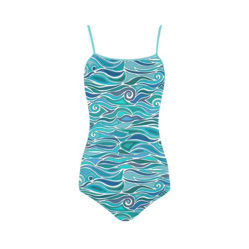 Ocean Waves Blue Abstract Doodle by ArtformDesigns Strap Swimsuit ( Model S05)