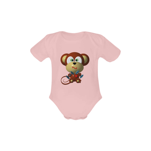 Cute Critters With Heart: Mystified Monkey - Pink Baby Powder Organic Short Sleeve One Piece (Model T28)