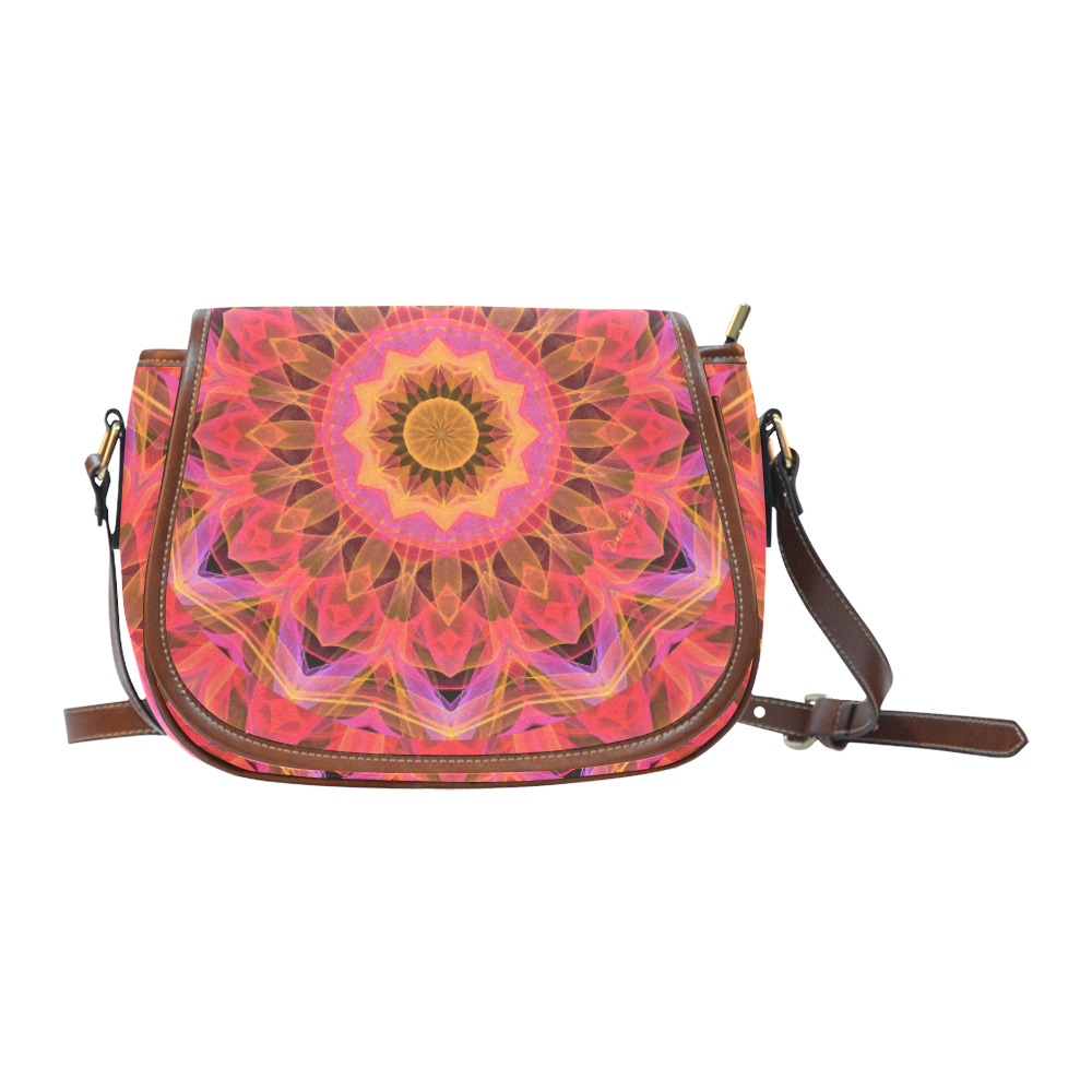 Abstract Peach Violet Mandala Ribbon Candy Lace Saddle Bag/Large (Model 1649)