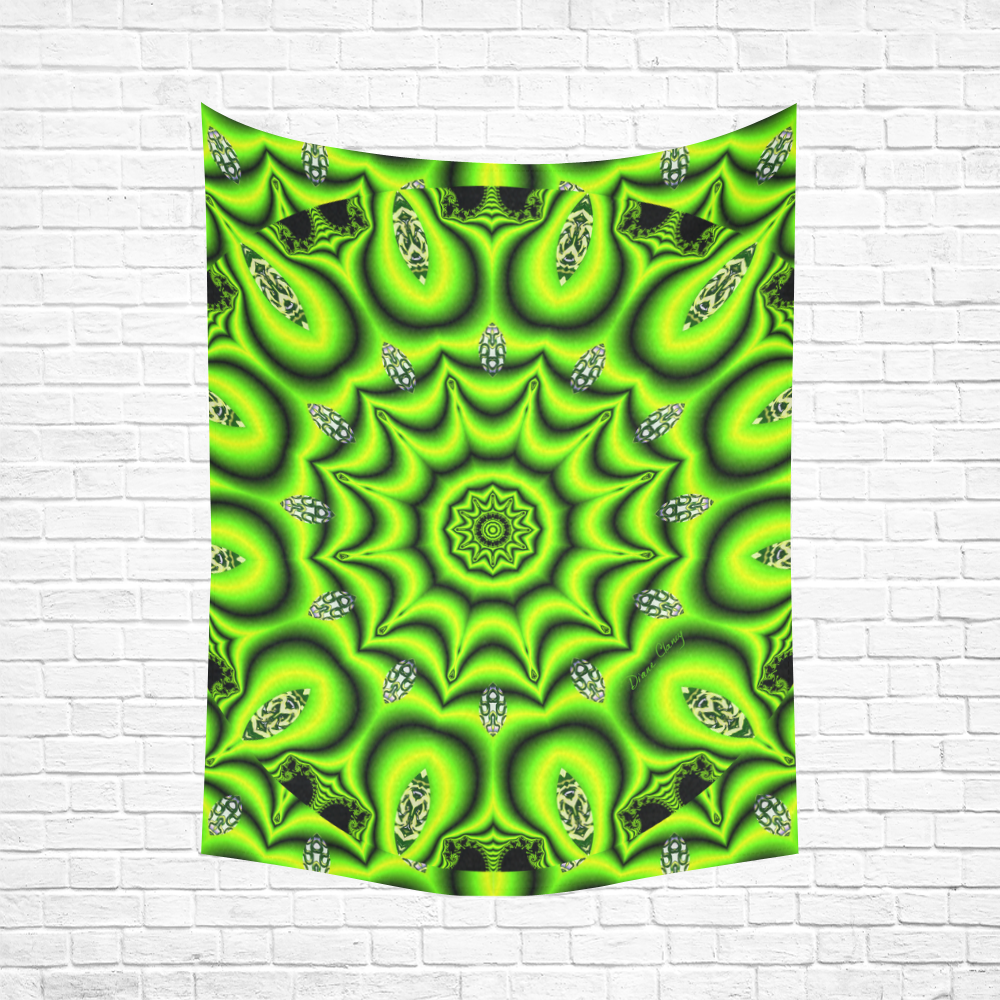Spring Lime Green Garden Mandala, Abstract Spirals Cotton Linen Wall Tapestry 60"x 80"