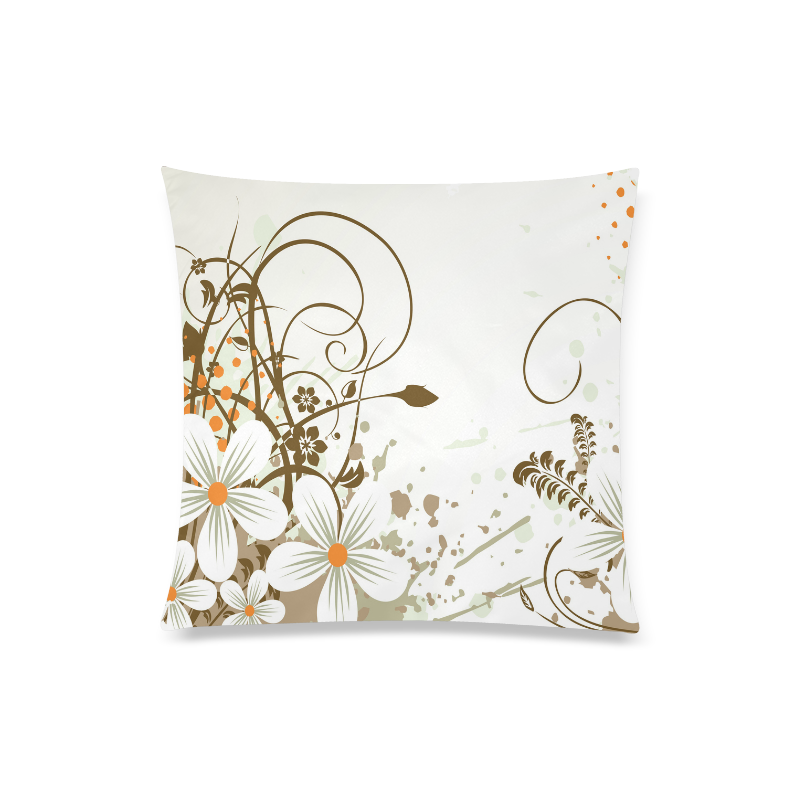 Graphic White Daisies with Brown Branches and Orange Custom Zippered Pillow Case 20"x20"(Twin Sides)