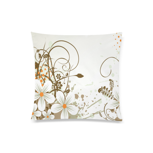 Graphic White Daisies with Brown Branches and Orange Custom Zippered Pillow Case 20"x20"(Twin Sides)