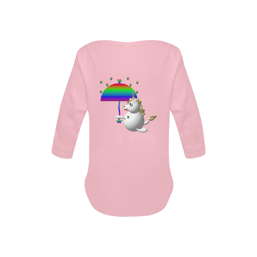 Cute Critters With Heart: Unicorn and Umbrella - Pink Baby Powder Organic Long Sleeve One Piece (Model T27)
